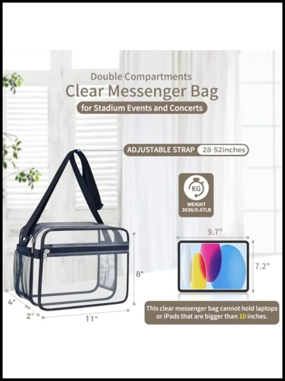 Clear Messenger Bag Stadium Approved 2 Zipper Compartments